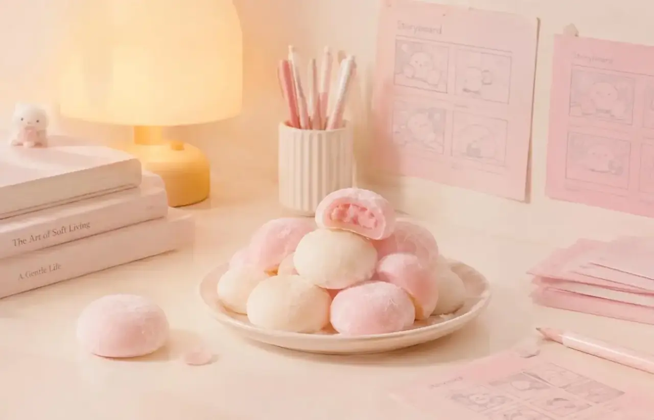 番茄短剧品牌工作室场景，暖光下的麻薯与粉色故事板