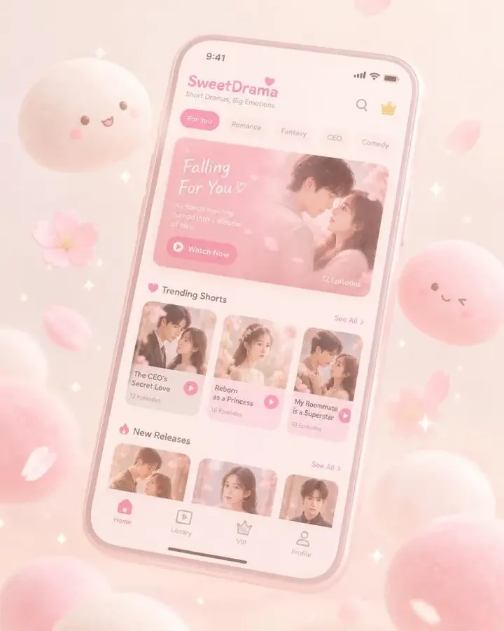 番茄短剧 APP - 首页界面 番茄短剧 APP 首页界面示意,展示粉色圆角卡片与播放按钮